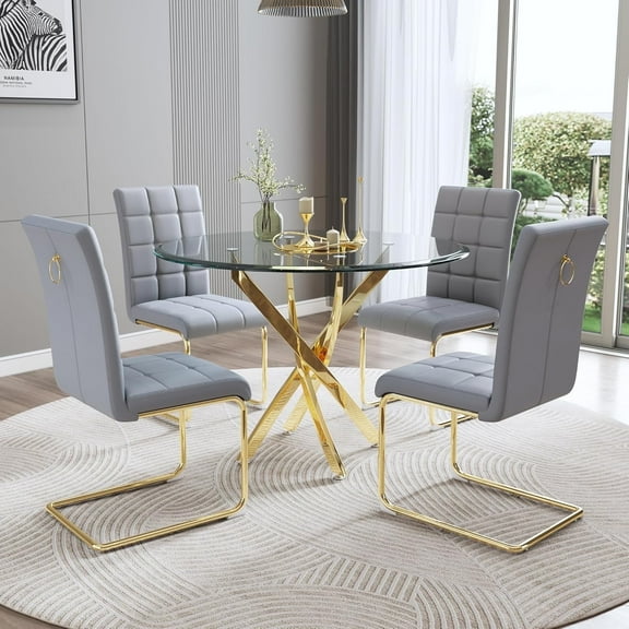 5-Piece Dining Table Set, 36" Round Clear Tempered Glass Table & 4 PU Cantilever Chairs with Stainless Steel Legs, Dining Table Set for Small Space, Apartment, Home Office