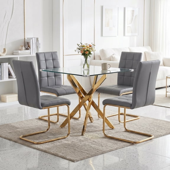 5-Piece Dining Table Set, 36" Square Clear Tempered Glass Table & 4 PU Cantilever Chairs with Stainless Steel Legs, Dining Table Set for Small Space, Apartment, Home Office