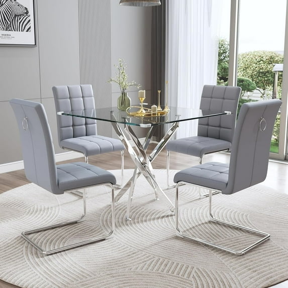 5-Piece Dining Table Set, 36" Square Clear Tempered Glass Table & 4 PU Cantilever Chairs with Stainless Steel Legs, Dining Table Set for Small Space, Apartment, Home Office
