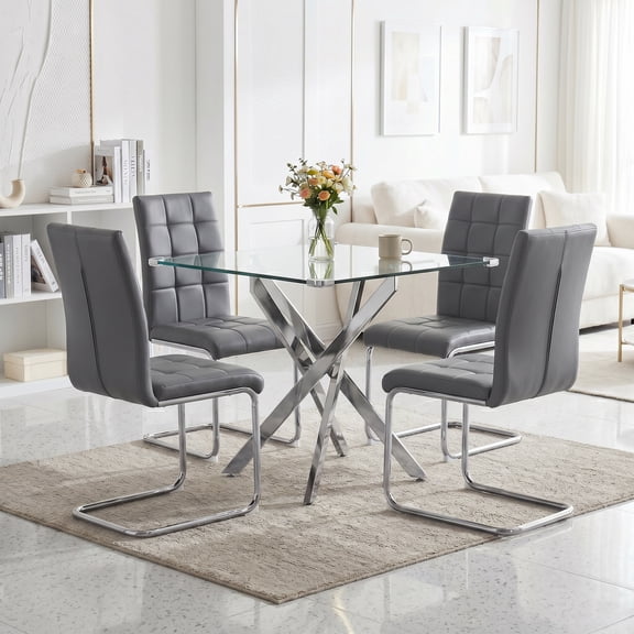 5-Piece Dining Table Set, 36" Square Clear Tempered Glass Table & 4 PU Cantilever Chairs with Stainless Steel Legs, Dining Table Set for Small Space, Apartment, Home Office