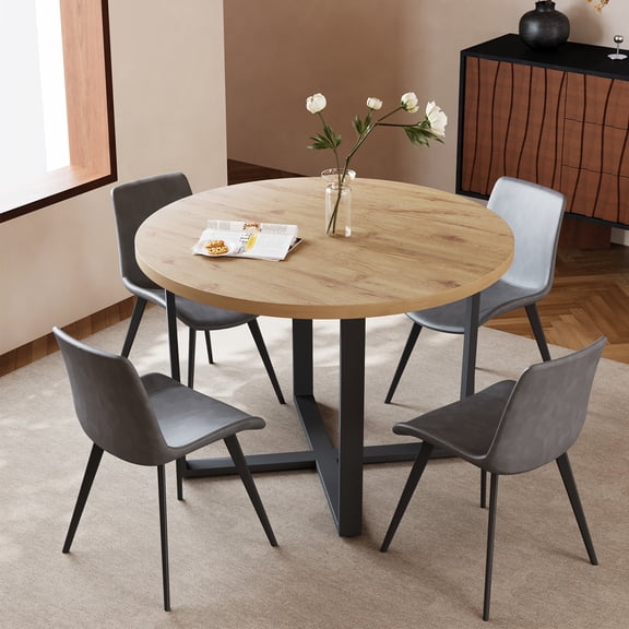 5 Piece Dining Table Set for 4, 43.31" Round X-Shaped Base Kitchen Table with Upholstered Chairs, Modern Dinette Set for Breakfast Nook, Dining Room(Oak Table&4 Grey Chairs)