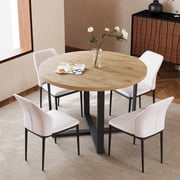 5 Piece Dining Table Set for 4, 43.31" Round X-Shaped Base Kitchen Table with Upholstered Chairs, Modern Dinette Set for Breakfast Nook, Dining RoomOak Table&4 White Faux Leather Chairs