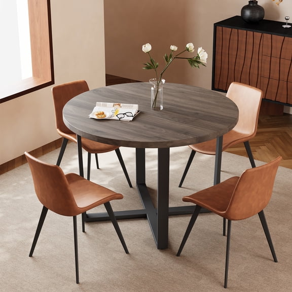 5 Piece Dining Table Set for 4, 43.31" Round X-Shaped Base Kitchen Table with Upholstered Chairs, Modern Dinette Set for Breakfast Nook, Dining Room(Walnut Table&4 Brown Chairs)