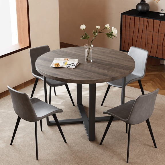 5 Piece Dining Table Set for 4, 43.31" Round X-Shaped Base Kitchen Table with Upholstered Chairs, Modern Dinette Set for Breakfast Nook, Dining Room(Walnut Table&4 Grey Chairs)