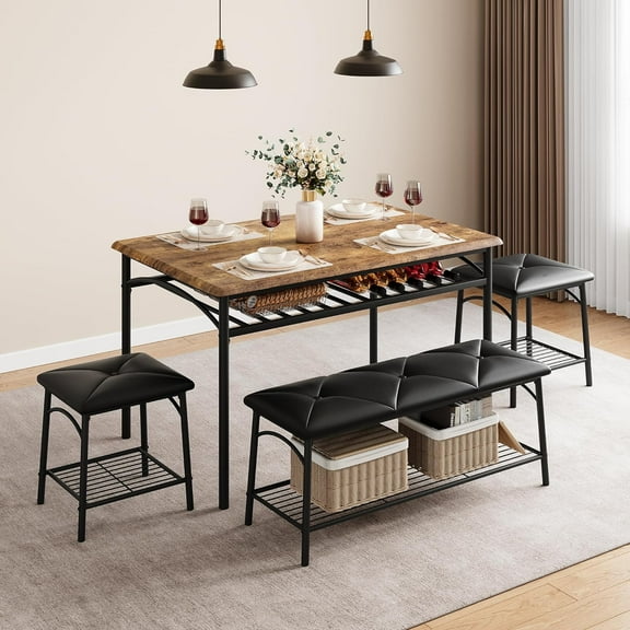 5-Piece Dining Table Set for 4-5 People, 43" Extendable Kitchen Table Set with 1 Benche and 2 Square Stools, Dining Room Table with MDF Wood Board, Easy Clean
