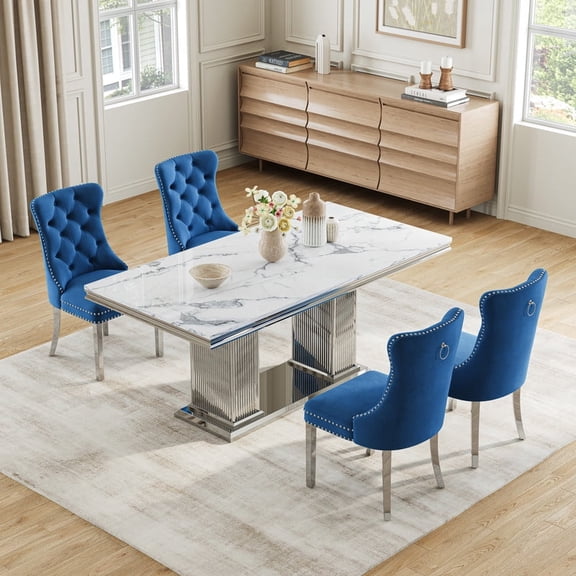 5-Piece Dining Table Set for 4, 69" Rectangular Faux Marble Table, Stainless Steel Double Column Base, Velvet Nailhead Accent Chairs for Dining Room Office