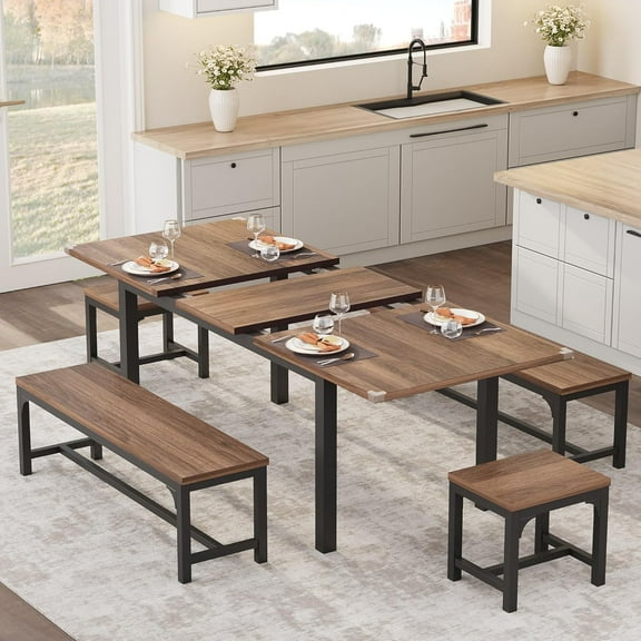 5-Piece Dining Table Set for 4-8 People,63" Large Extendable Kitchen Table Set with 2 Benches and 2 Stools,Wooden Dinner Table Set,Dining Room Table with Metal Frame & MDF Board,Easy Assembly