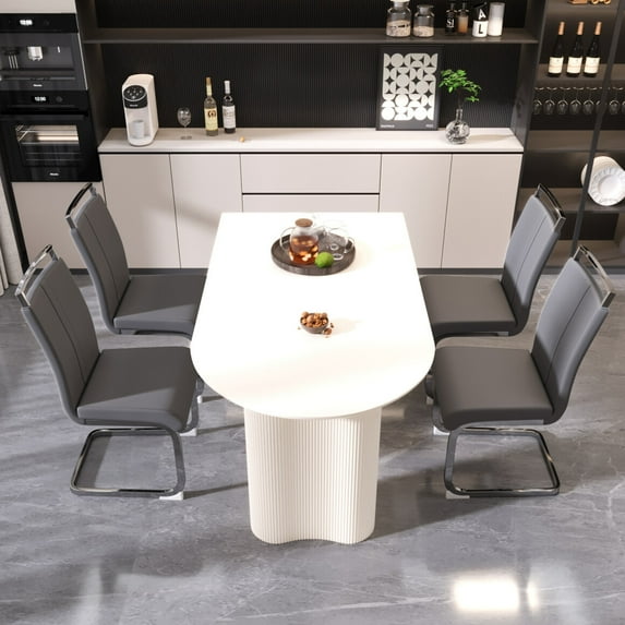 5-Piece Dining Table Set with 4 Armless Dining Chairs, 63" Kitchen Table & Chairs Set for 4-6, Dining Room Table with MDF Board, Perfect for Small Space, Easy Clean, Cream+ Gray