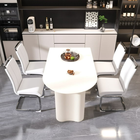 5-Piece Dining Table Set with 4 Armless Dining Chairs, 63" Kitchen Table & Chairs Set for 4-6, Dining Room Table with MDF Board, Perfect for Small Space, Easy Clean, Cream White