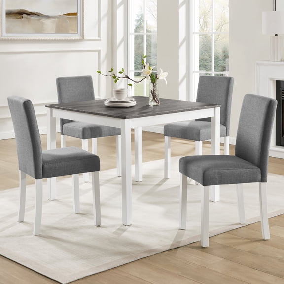 5-Piece Dining Table Set with 4 Chairs, Square Dining Room Table with Upholstered Seats, Wooden Dining Set for 4, Two-Tone Modern Kitchen Table and Chairs for Kitchen,Dining Room, Grey & White