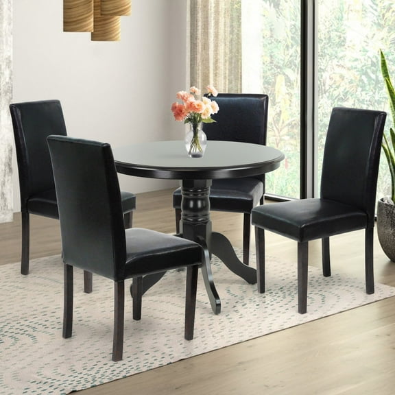 5 Piece Dining Table Set, 4 Classic Style Solid Wood Falabella Upholstered Chairs w Pedestal Round Dining Table, Kitchen Room Set, Espresso Color