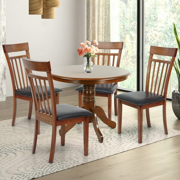 5 Piece Dining Table Set, 4 Classic Style Solid Wood Warm Chairs with Pedestal Round Dining Table, Kitchen Room Set, Medium Brown Color w PU Leather Cushions