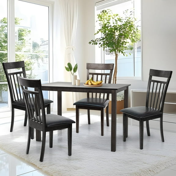 5 Piece Dining Table Set, 4 Classic Style Solid Wood Warm Chairs w Rectangular Table, Kitchen Room Set, Espresso Color w PU Leather Cushions