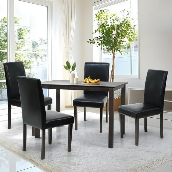 5 Piece Dining Table Set, 4 Classic Style Solid Wood Warm Chairs w Rectangular Table, Kitchen Room Set, Espresso Color w PU Leather Fabric