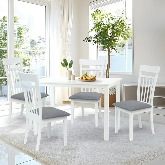 5 Piece Dining Table Set, 4 Classic Style Solid Wood Warm Chairs w Rectangular Table, Kitchen Room Set, White Color w Gray Cushions