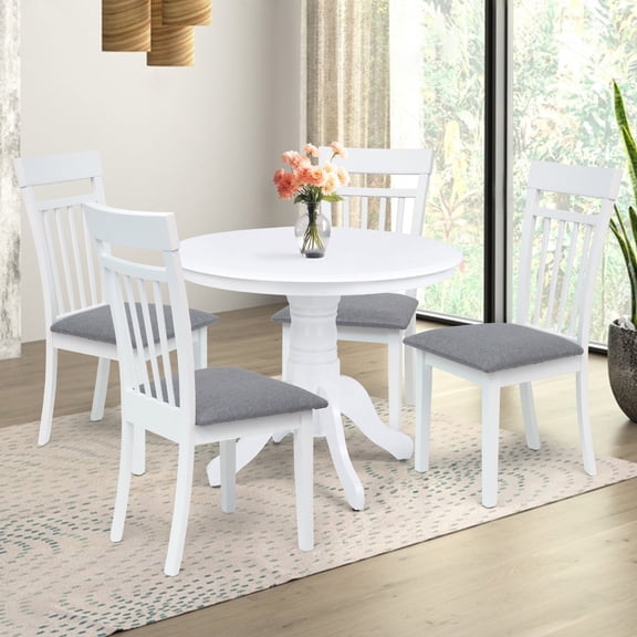 5 Piece Dining Table Set, 4 Classic Style Solid Wood Warm Chairs with Pedestal Round Dining Table, Kitchen Room Set, White Color w Gray Cushions