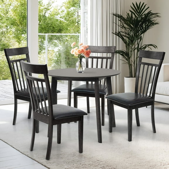 5 Piece Dining Table Set, 4 Classic Style Solid Wood Warm Chairs with Round Dining Table, Kitchen Room Set, Espresso Color w PU Leather Cushions