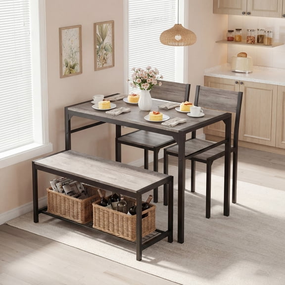 5 Piece Dining Table Set for 4 Industrial Style Kitchen Table with Brown Wood Grain Melamine Top & Black Powder-Coated Steel Frame, Waterproof Surface
