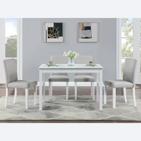 Dining Table Set for 4, Solid Wood Kitchen Table Set with Chairs, Crystal Top Table & Cushioned Chairs, Living Room Breakfast Nook Dining Furniture Set, Retro White