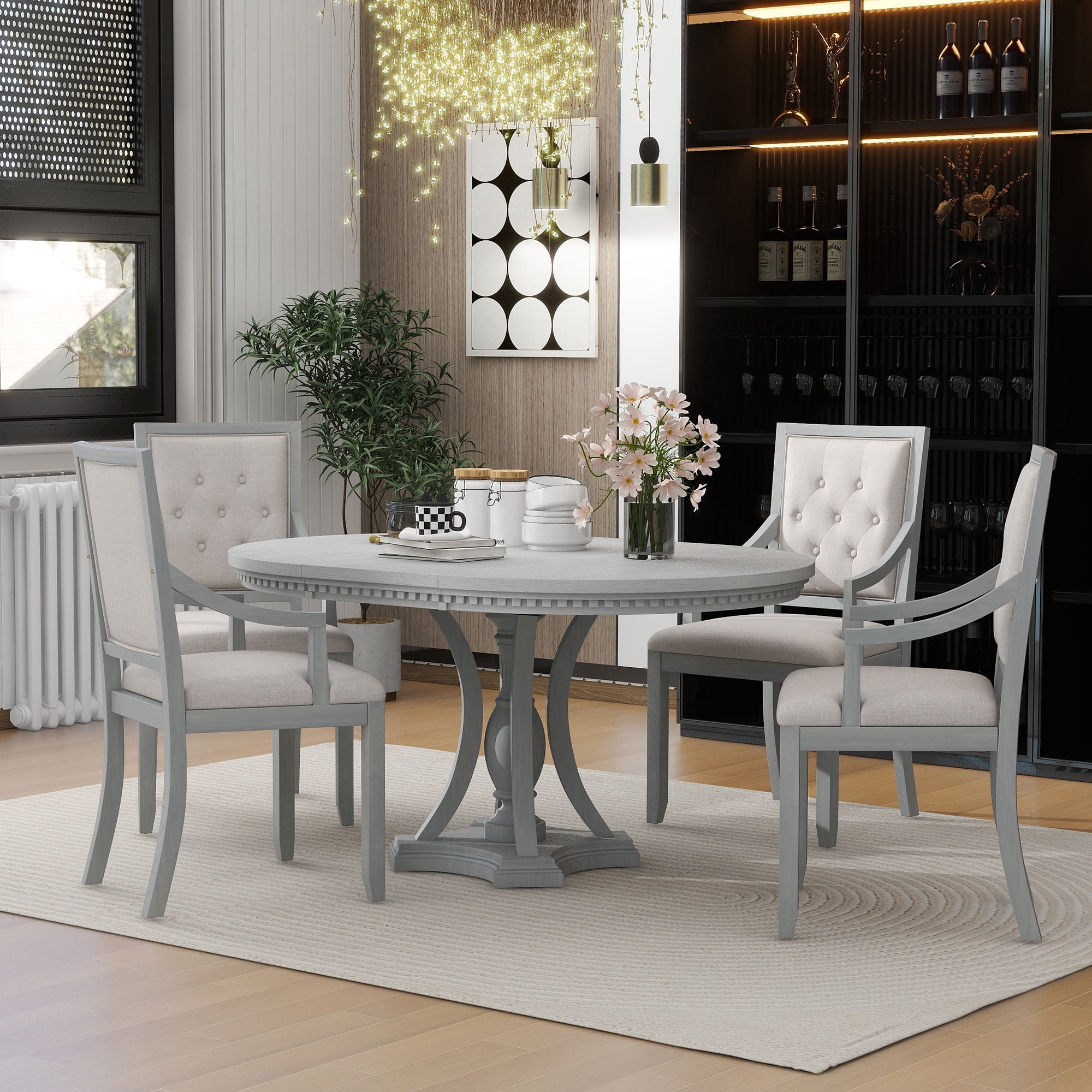 Antique Gray Extendable Round Dining Table Set with Upholstered Chairs