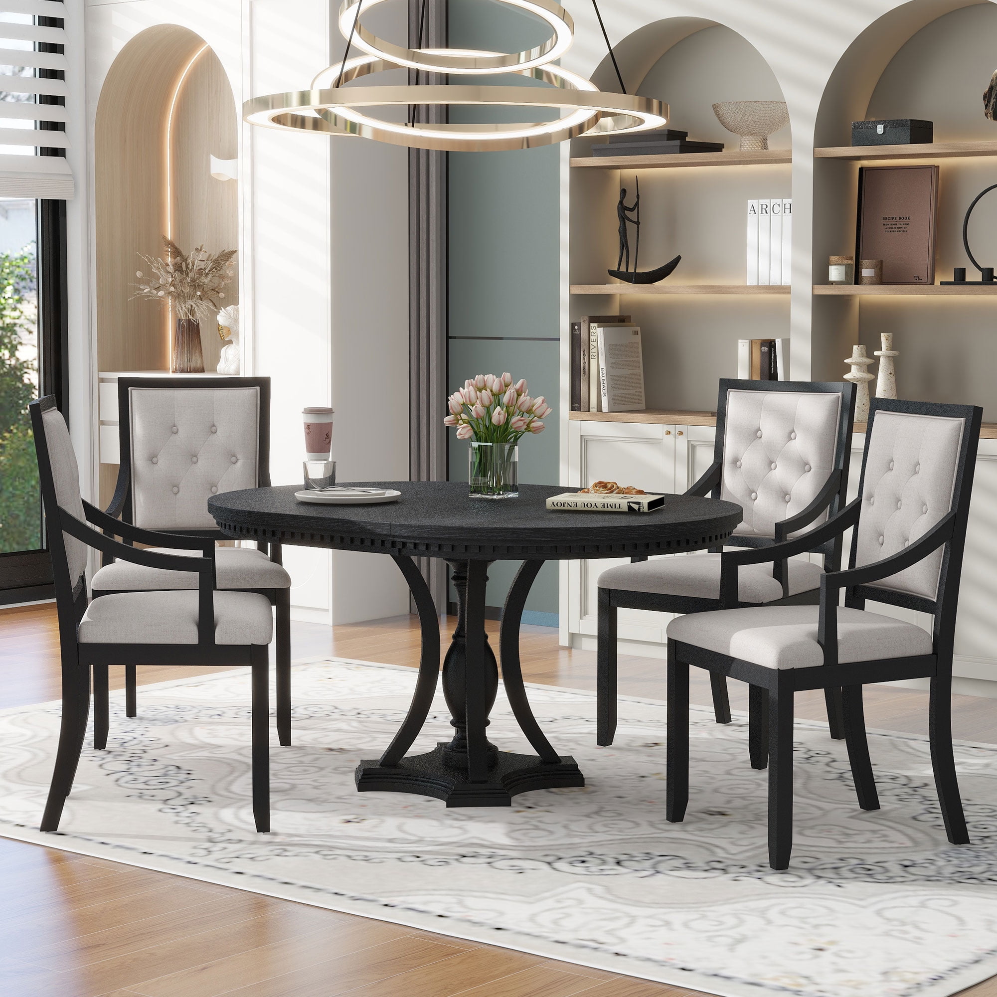 Triple Tree 5 Piece Wooden Extendable Round Dining Furniture Set Black Walmart