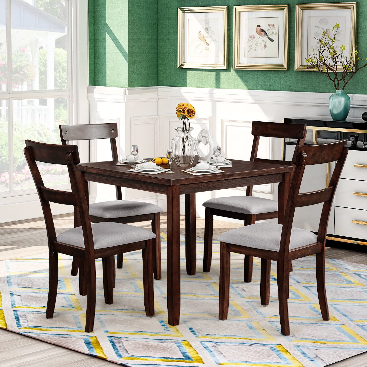 Espresso 5 Piece Dining Set Farmhouse Wooden Table 4 Upholstered Chairs Walmart