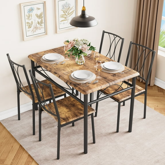 5 Piece Dining Table Set for 4 - Rectangular Kitchen Table with Chairs - Space-Saving Dining Room Furniture for Small Spaces, Apartments, Studios, Breakfast Nooks - Brown, wooden chair
