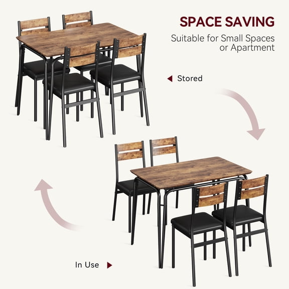 5-Piece Dining Table Set for 4 – Rectangular Space-Saving Kitchen Furniture with Upholstered Chairs – Ideal for Small Spaces, Apartments, Breakfast Nooks – MDF Tabletop, Vintage Color