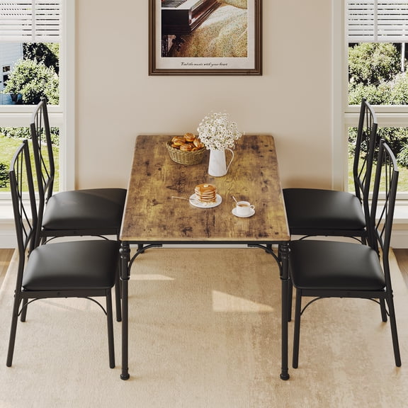 5-Piece Dining Table Set for 4, Rustic Brown Kitchen Table with Roman Column Design & Padded Chairs, Perfect for Small Spaces, Home, Apartments,Rustic Brown