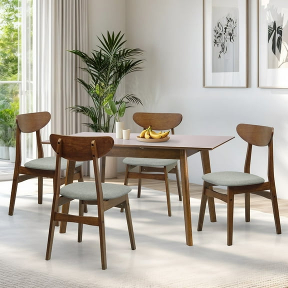5 Piece Dining Table Set, 4 Solid Wood Yumiko Chairs w Edison Extendable Rectangular Dining Table, Dining Room Set, Medium Brown Color