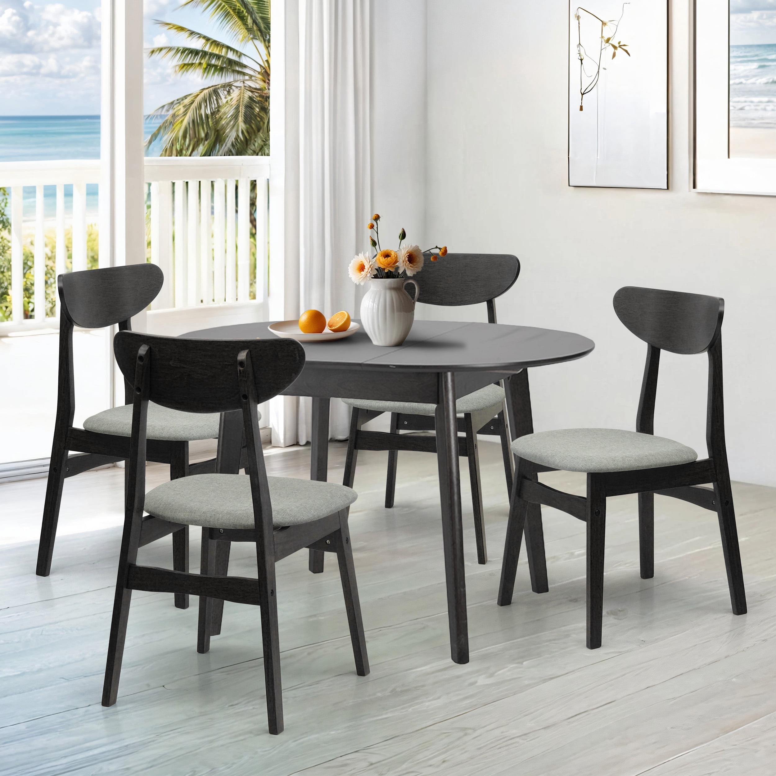 5 Piece Dining Table Set, 4 Solid Wood Yumiko Chairs w Edison ...