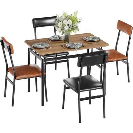 5-Piece Dining Table Set for 4, Wood & Metal Kitchen Dinner Table Set with 4 Upholstered Chairs, Modern Design and Space-Saving, for Dining Room, Apartment, Easy to Assemble, Brown + Black