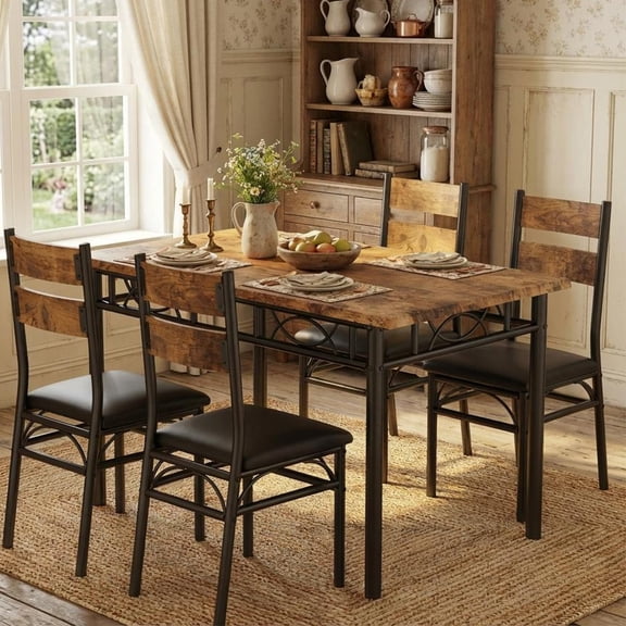 5 Piece Dining Table Set for 4, Wooden Industrial Rectangular Kitchen Dinner Table w/ 4 Upholstered High Back Chairs Set, Sturdy Metal Frame, for Kitchen, Apartment, Small Space, Retro Brown