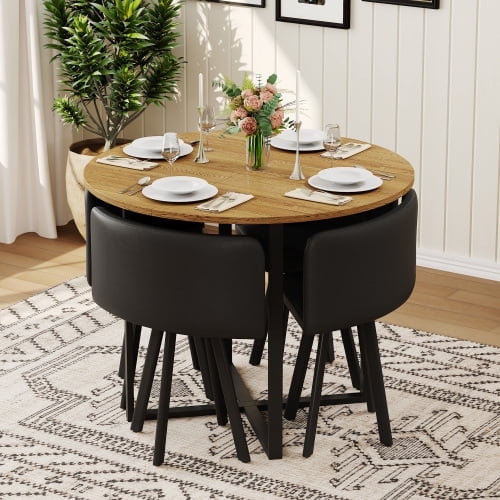 5-Piece Dining Table Set for 4, Space Saving Kitchen Table and Chairs Set for 4, 39.5" Round Dining Table with PU Leather Chairs for Apartment, Living Dining Room