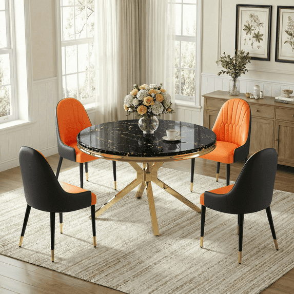 5-Piece Dining Table Set, 46.8" Round Modern Faux Marble Table with Stainless Steel Base, 4 PU Upholstered Chairs, Dining Set for Small Space, Apartment Studio