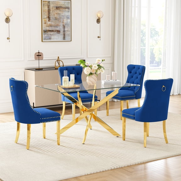 5-Piece Dining Table Set, 50" Modern Rectangular Tempered Glass Table & 4 Tufted Velvet Chairs with Stainless Steel Legs, Dining Set for Kitchen, Office