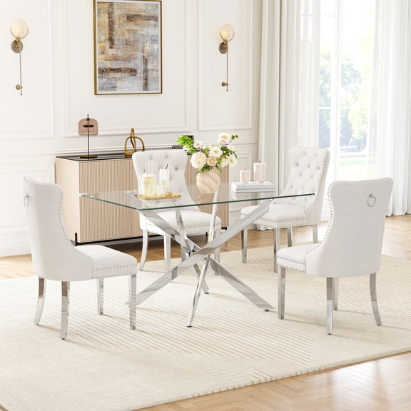 5-Piece Dining Table Set, 50" Modern Rectangular Tempered Glass Table & 4 Tufted Velvet Chairs with Stainless Steel Legs, Dining Set for Kitchen, Office