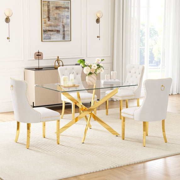 5-Piece Dining Table Set, 50" Modern Rectangular Tempered Glass Table & 4 Tufted Velvet Chairs with Stainless Steel Legs, Dining Set for Kitchen, Office
