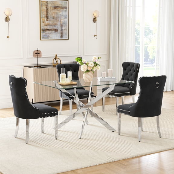 5-Piece Dining Table Set, 50" Modern Rectangular Tempered Glass Table & 4 Tufted Velvet Chairs with Stainless Steel Legs, Dining Set for Kitchen, Office