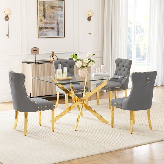 5-Piece Dining Table Set, 50" Modern Rectangular Tempered Glass Table & 4 Tufted Velvet Chairs with Stainless Steel Legs, Dining Set for Kitchen, Office