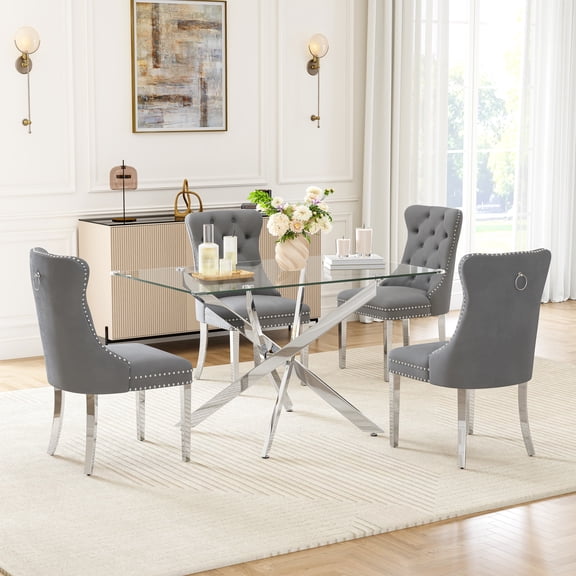 5-Piece Dining Table Set, 50" Modern Rectangular Tempered Glass Table & 4 Tufted Velvet Chairs with Stainless Steel Legs, Dining Set for Kitchen, Office