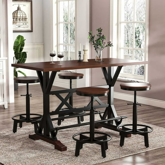 5-Piece Dining Table Set, 59" Wooden Sofa Side Table with Stabilizing Base, Rustic Brown Industrial Adjustable Height Chairs, Modern Bar Table and Chairs for Living Room, Dining Room, and Space Saving