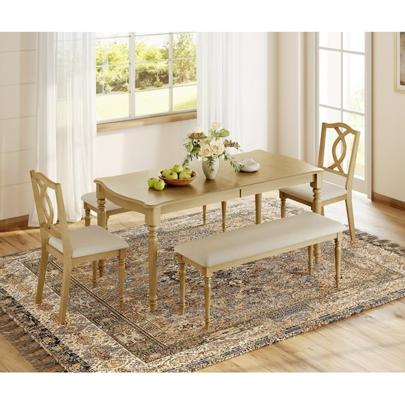 5 Piece Dining Table Set for 6-8 People - Includes One Dining Table, 2 Upholstered Benches, 2 Cross Back Dining Chairs, Rustic Dining Set for Kitchen, Oak