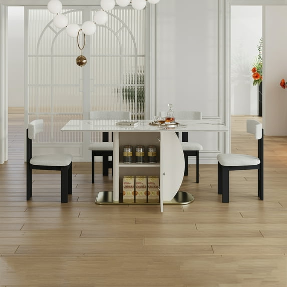 5-Piece Dining Table Set, 63" Charred Stone Kitchen Table Set with Glass Storage Cabinets and 4 Velvet Chairs, Dining Room Table Set with Golden Base, Black