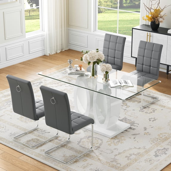 5-Piece Dining Table Set, 63" Rectangular Tempered Glass Table with Double O-Shape Base & 4 PU Chairs, Stainless Steel Legs, for Kitchen, Office