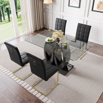5-Piece Dining Table Set, 63" Modern Rectangular Tempered Glass Table with Double O-Shape Base & 4 PU Cantilever Chairs with Stainless Steel Legs, Dining Set for Kitchen, Office