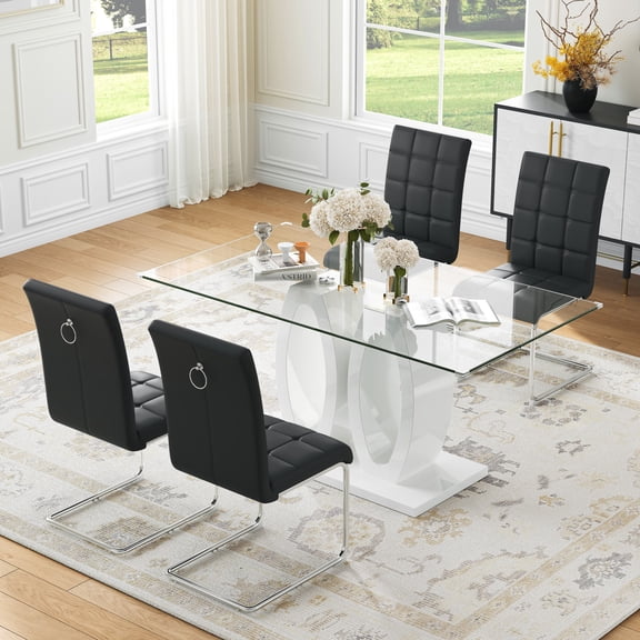 5-Piece Dining Table Set, 63" Modern Rectangular Tempered Glass Table with Double O-Shape Base & 4 PU Cantilever Chairs with Stainless Steel Legs, Dining Set for Kitchen, Office