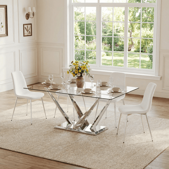 5-Piece Dining Table Set, 63" Rectangular Clear Tempered Glass Table with Unique Stainless Steel Base, 4 Velvet Upholstered Chairs, Dining Table Set for Kitchen, Office