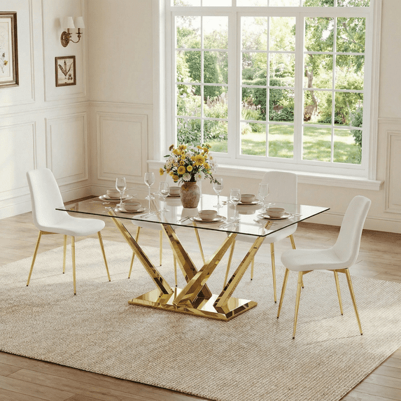 5-Piece Dining Table Set, 63" Rectangular Clear Tempered Glass Table with Unique Stainless Steel Base, 4 Velvet Upholstered Chairs, Dining Table Set for Kitchen, Office