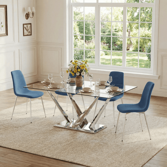 5-Piece Dining Table Set, 63" Rectangular Clear Tempered Glass Table with Unique Stainless Steel Base, 4 Velvet Upholstered Chairs, Dining Table Set for Kitchen, Office